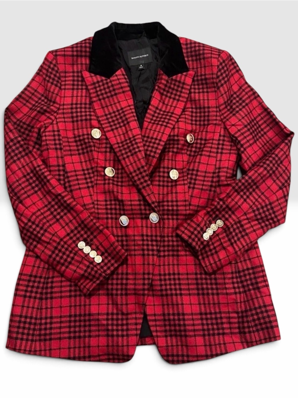 Banana Republic Plaid Captain's Blazer Velvet Collar Italian Wool Gold Buttons 8